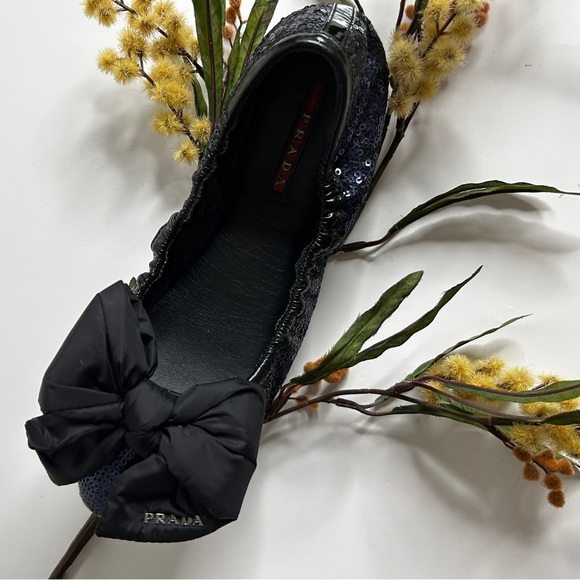 PRADA RARE BALLET FLATS SEQUENCE GLITTER BLACK Genuine  PATENT SATIN BOW - Picture 5 of 15
